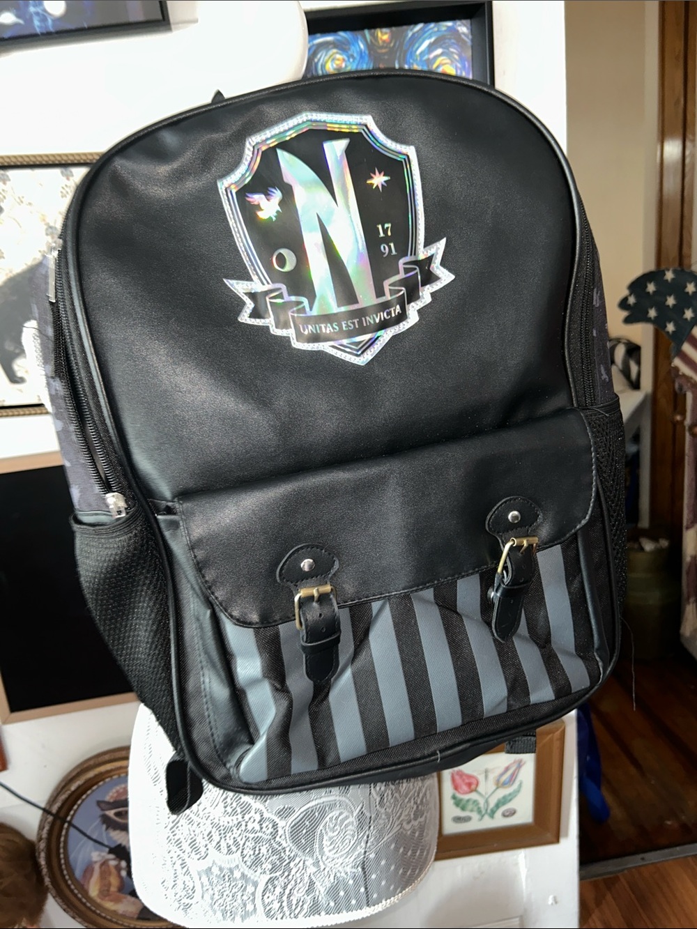 Invicta Black Backpack with Gray Striped Front Pocket